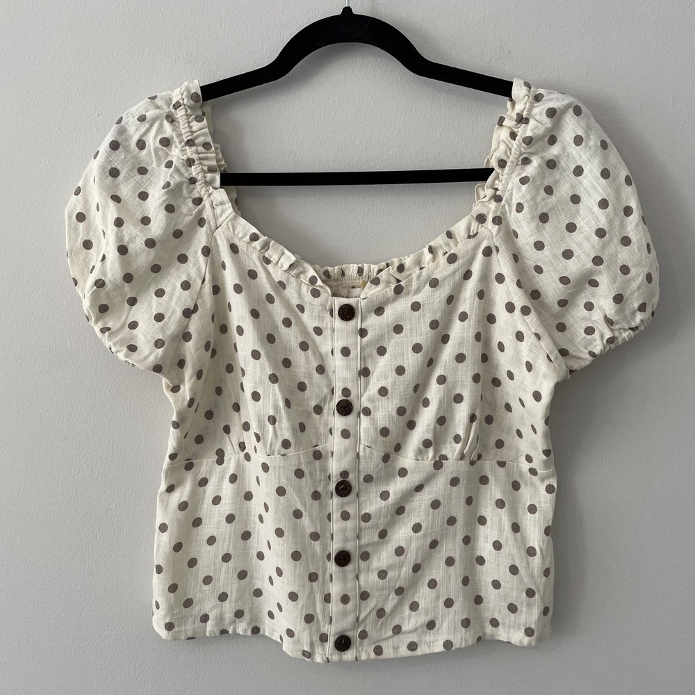 NEW Monteau Linen Milkmaid Babydoll Top XL Polkadot Smocked Puff Sleeve Pin‎ Up